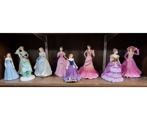 Five Royal Doulton figures; together with three Coalport figures; and another Royal Worcester figure. (9) 