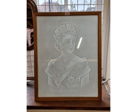 An unusual hold-to-light or watermark picture of Elizabeth II, inscribed 'Coronation 1953', 54.5 x 41cm. 