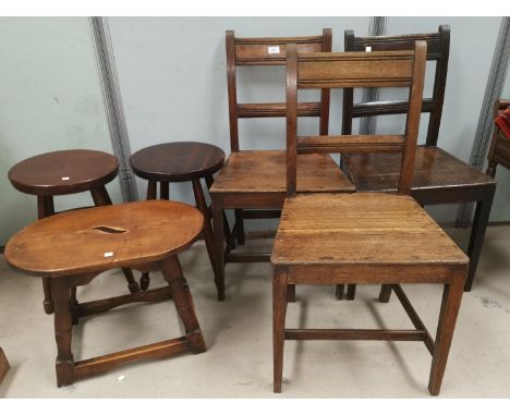 Three 19th century oak "Country Regency" dining chairs; 2 circular top stools; an oval stool/occasional table 