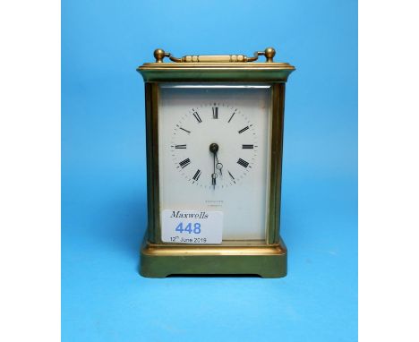A 19th century brass carriage clock with timepiece movement and white enamel dial, lettered 'Johnson, Preston', height 6" 