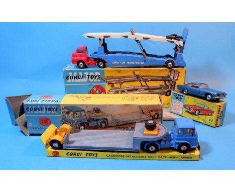 Three originally boxed Corgi Toys diecast vehicles: 1101 Carrimore car transporter (box some wear and tear to one end), 1131 