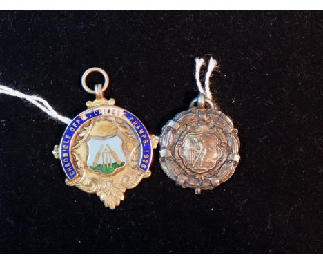 A 9 carat hallmarked gold and enamel medallion 'Chronical Dept Cricket Champions 1926', 10.3gm (enamel chipped); a silver cri