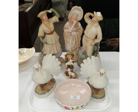 A Victorian bisque figure of a girl; 2 Victorian style figures of cyclists (a.f.); a 1950's Poole bowl; a Hummel figure of a 