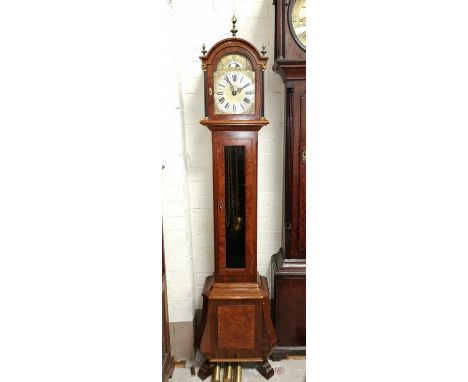 An 18th century style mid 20th century made dwarf walnut longcase clock, Dutch style with ebonised pillars and brass finials,