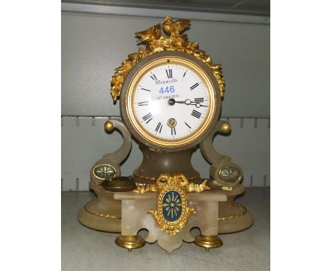 A 19th century mantel clock in gilt metal and alabaster, white enamel dial and French timepiece movement, height 11" 