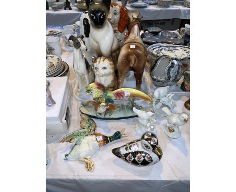 Two reproduction Staffordshire dog, other ceramic animals 