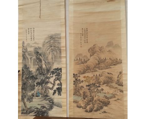 Two early/mid 20th century Chinese scroll pictures depicting figures in landscapes, with Chinese character text and seal mark