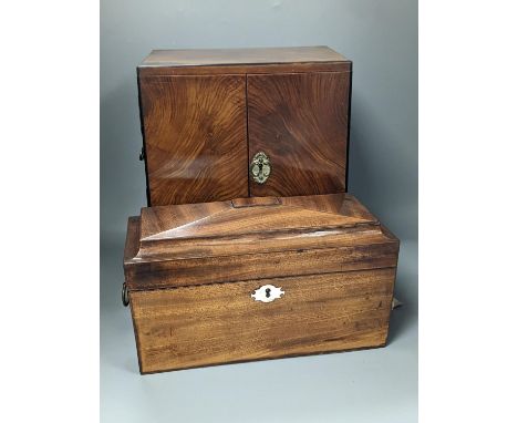 A 19th century mahogany tea caddy and a walnut  2 door smokers cabinet,Smokers cabinet 33 cms high.