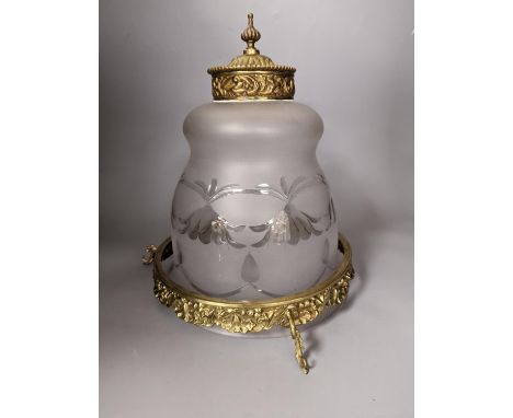 An overlaid etched glass and brass hanging light,36 cms high, not including chain.