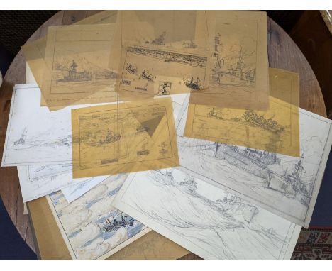 Nelson Dawson (1859-1941) assorted original artworks1. Ink and watercolour, Shipping viewed through clouds, signed, 20 x 25cm