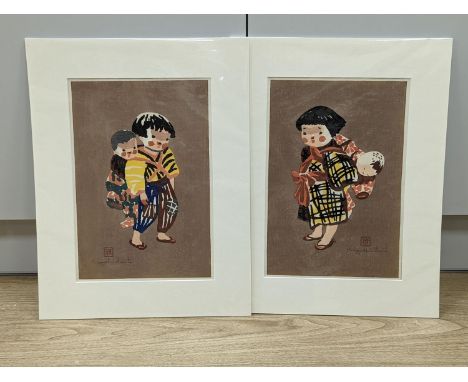 Kiyoshi Saito (1907-1997), pair of woodblock prints, Siblings - Studies of children, signed in pencil, 37 x 25cm, unframed