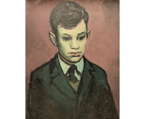 Modern British, oil on board, Portrait of a school boy, 32 x 25cm