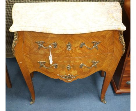 A Louis XVI design marquetry inlaid marble top serpentine petite commode, width 80cm, depth 42cm, height 78cm