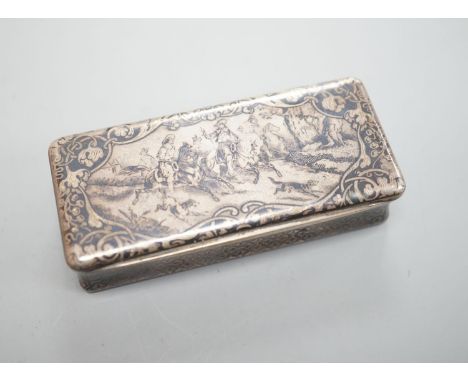 A 19th century French white metal and niello snuff box, 78mm, decorated with hunting scene.