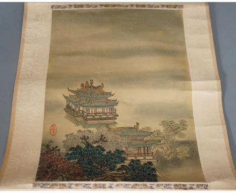 Two mid 20th century Chinese scroll landscape paintings on silk