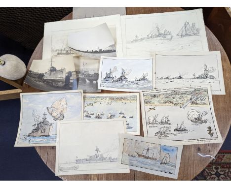 Nelson Dawson (1859-1941) assorted original artworks1. 'HMS Macliff?' watercolour and ink, 20 x 25cm.2. 'End of Oct. 1914 Bri