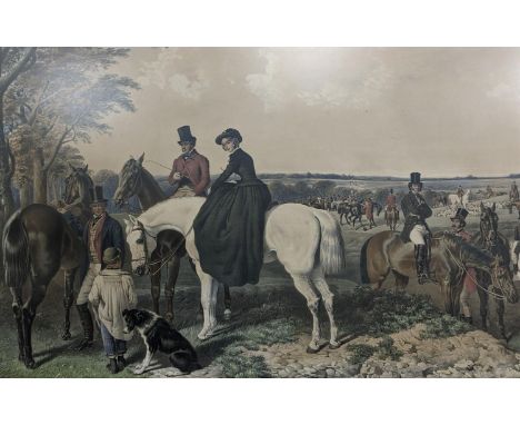 A Victorian maple framed hand coloured lithograph, 'The Meet before The Hunt', 52 x 82cm