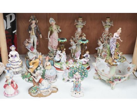 A quantity of various ceramic figures including two Doulton 'Valerie' and 'Meg',tallest figurative candlesticks 34 cms high.