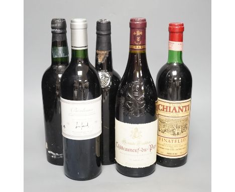 A bottle of Warres 1963 Vintage Port, a bottle of Fonsecca, 1977 Vintage Port and three bottles of wine