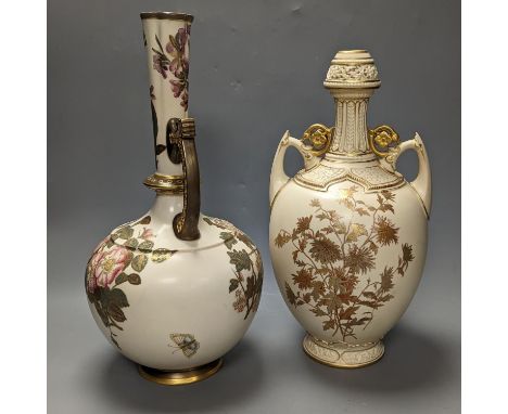 A Royal Worcester blush Ivory gilded floral ewer and a similar two handled vase 39cm