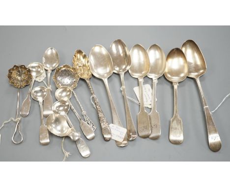 A small collection of 18th century and later silver flatware, including a table spoon by Thomas Eustace, Exeter, 1785, two 18