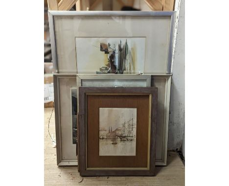 Six assorted paintings and prints including a watercolour harbour scene, 21 x 16cm