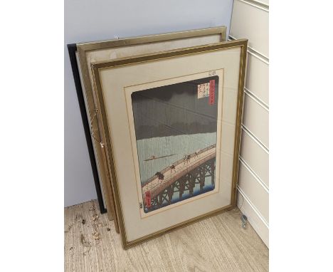 Hiroshige, woodblock print, 'Southern Shower over Shin-Ohashi Bridge', 36 x 24cm, and eight other assorted woodblock prints.