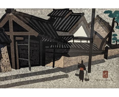 Kiyoshi Saito (1907-1997), woodblock print, Figure passing houses, 27 x 39cm