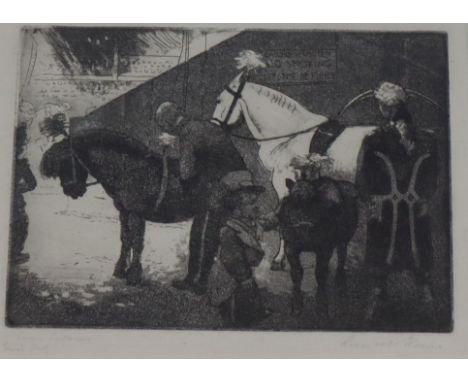 Russell Sidney Reeve (1875-1970), etching with aquatint, 'Circus Performers', signed in pencil, trial proof, 16 x 23cm and Ru