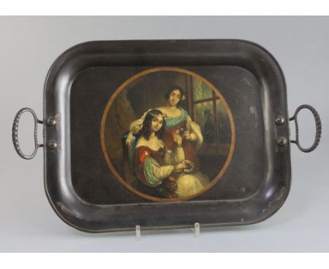 A Regency toleware tray, with iron loop handles and decorated with a portrait of two young ladies holding floral garlands, ov