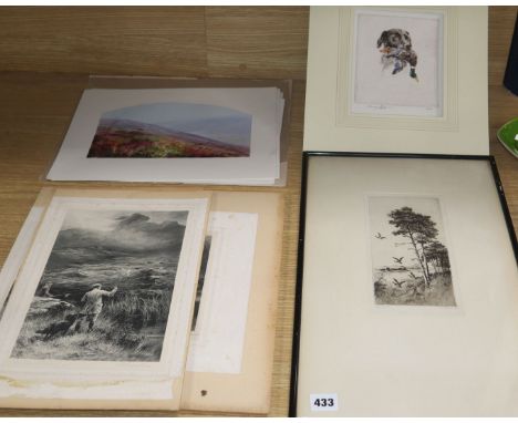 Charles Whymper, 6 etchings - Shooting, publ. 1899; Henry Pelham, coloured etching, and 6 watercolours - Scottish scenes and 