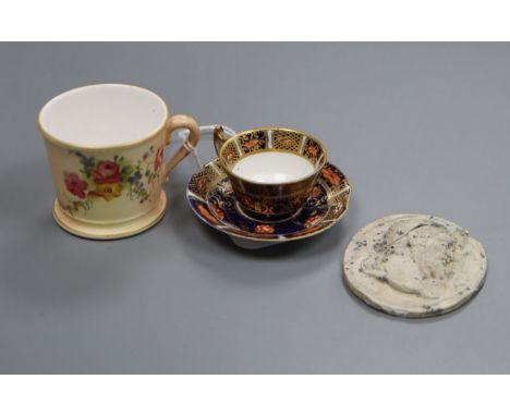 A miniature Royal Worcester mug, a miniature Royal Crown Derby cup and saucer and a Wedgwood and Bentley cameo medallion (a.f