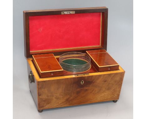 A late Georgian mahogany and boxwood strung tea caddy with glass mixing bowl