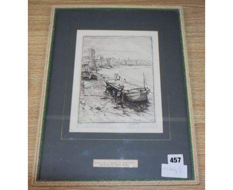 James McBey (1883-1959), etching, Repairing a barge at Bermondsey, signed, 21 x 16cm