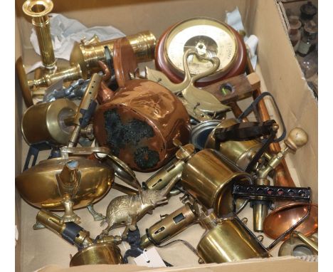 Five small brass blow torches and a collection of miscellaneous metalware, including two brass-mounted spirit levels, a coppe