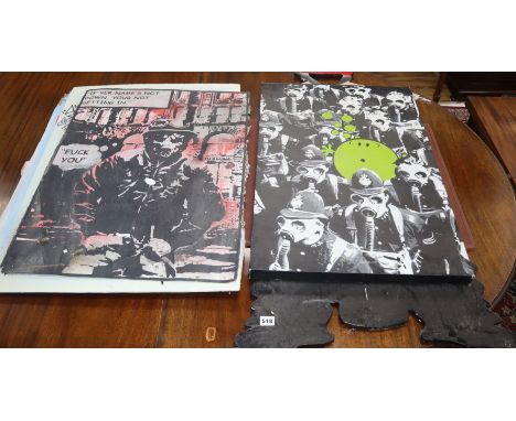 T. WAT, 3 original stencilled works, Rat with Beach Ball, Not Getting In and Drone Machine Gun, largest 59 x 84cm, a Mr Smell
