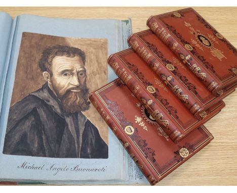 An early 19th century religious scrap book containing watercolours and prints of landscapes and portraits with a set of 4 lif