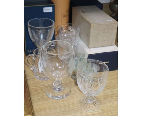 A collection of Royal and other commemorative glassware, including Royal, 'Mayflower' and 'Churchill' goblets, a mug and a de