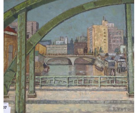 R. Kato (Japanese) oil on canvas, Cityscape, signed with label, 45 x 53cm, unframed