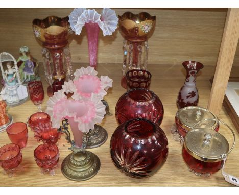 A quantity of cranberry glassware including a pair of lustres