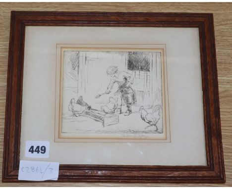 Eileen Soper (1905-1990), etching, Girl feeding chickens, signed in pencil, 12 x 14cm
