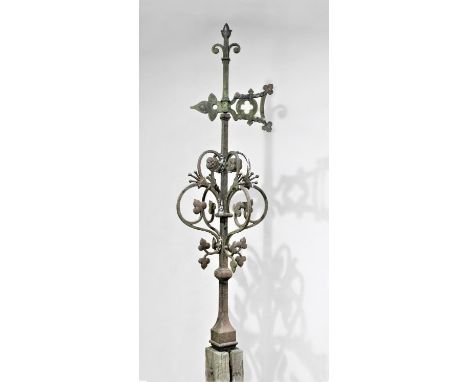VICTORIAN ECCLESIASTICAL, GOTHIC IRON WEATHER VANE with a foliate finial, pierced arrow, scrolling foliate decoration and tap