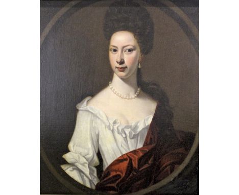 CIRCLE OF ENOCH SEEMAN (c.1694-1745) PORTRAIT OF A LADY, IDENTIFIED AS MRS HARBOROUGH Half length, wearing a white dress and 