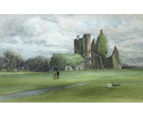 JOHN SMART, RSA (1838-1899) FIGURES ON LAWNS NEAR A RUINED CASTLE, SCOTLAND Signed and dated 1890, watercolour and pencil 46 