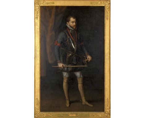 AFTER ANTHONIS MOR (c.1516/9-1576/7) PORTRAIT OF PHILIP II OF SPAIN (1527-1598), CONSORT OF QUEEN MARY TUDOR Standing, full l