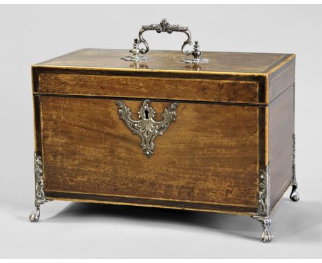 GEORGE III MAHOGANY AND SILVER MOUNTED TEA CADDY of rectangular form with ebony and boxwood line inlay, a twin canister inter