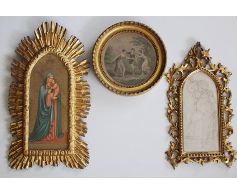 THREE DECORATIVE FRAMES comprising a gilded wood sunburst frame, with `Madonna della Stella` after Fra Angelico, Arundel Soci