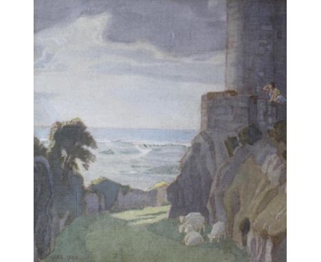 •CHARLES MARCH GERE, RA, RWS (1869-1957) THE LOOK OUT signed and dated 1942, watercolour on unstretched cotton canvas 22 x 21