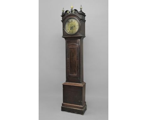 MAHOGANY LONGCASE CLOCK the circular dial with 11" chapter ring, subsidiary seconds dial, rural engraved scene initialled SCH