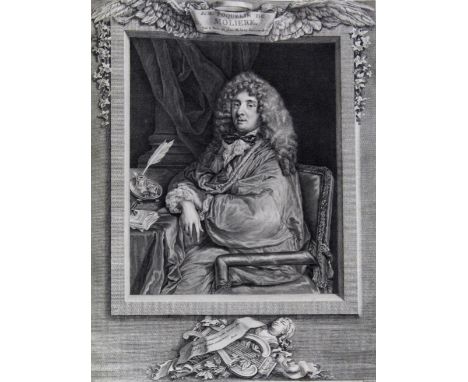 AN ALBUM OF PORTRAIT PRINTS to include approx. 35 examples after Bourdon (`Moliere` illustrated), Champaigne, Coypel, Grevedo